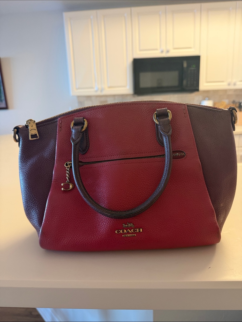 Coach Two-Tone Red and Dark Brown Pebbled Leather Satchel